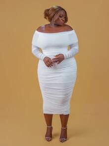 CurvyTilda Plus Size Women's Solid Color Off-Shoulder Long Sleeve Pleated Fitted Elegant Dress, Spring-Summer Homecoming Dress, For Hourglass Body Shape - White - View 4