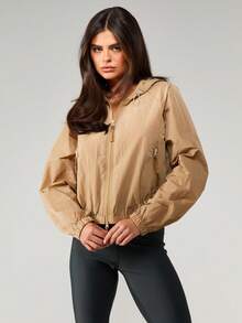 MISSGUIDED Active Semi Sheer Windbreaker Jacket With Hood Zip Up Long Sleeve Casual Outerwear For Women Fall Spring - Brown - View 3