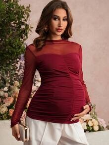 Loomaby 孕妇休闲拼接透视网纱褶皱修身T恤，适合日常通勤，春秋季穿着