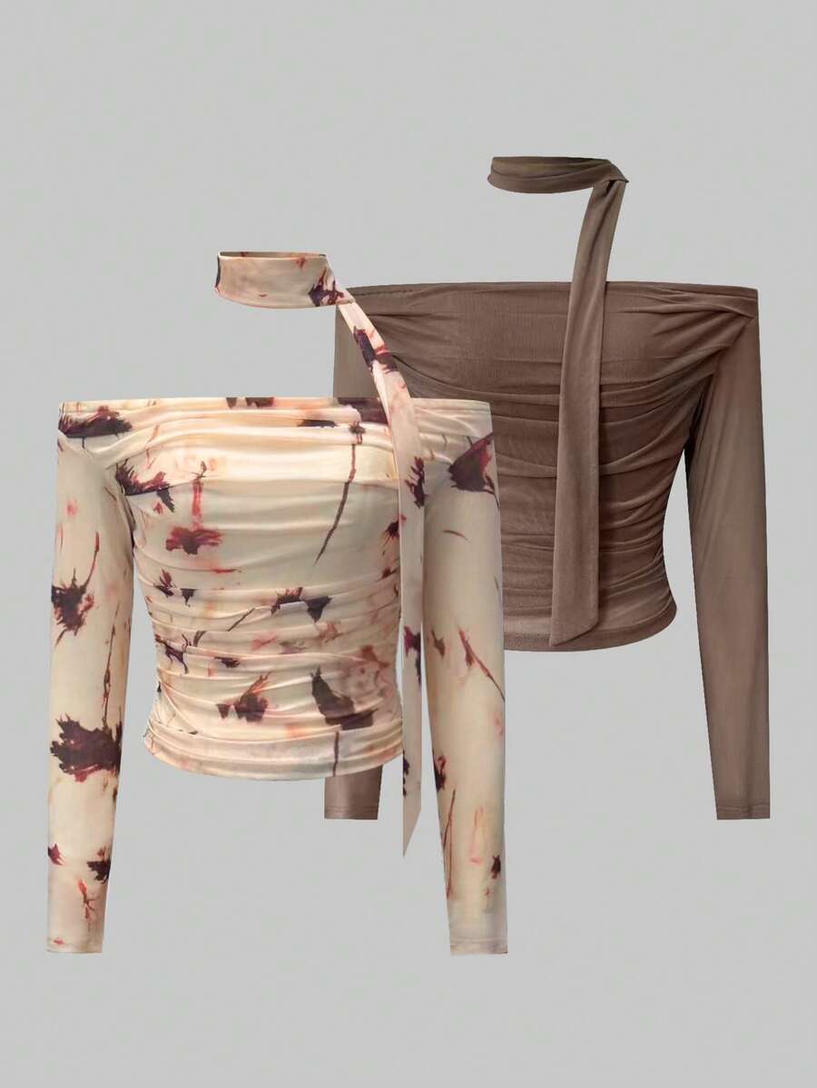Modelyn Women's Coffee Off-Shoulder Ruffle Tie Blouse + Sheer Floral Print Off-Shoulder Tie Sexy Combination Set - Coffee Brown - View 1