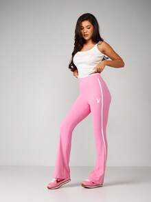 Missguided x Playboy High Rise Flared Track Pants With Side Stripe Detail And Logo Branding - Pink - View 3