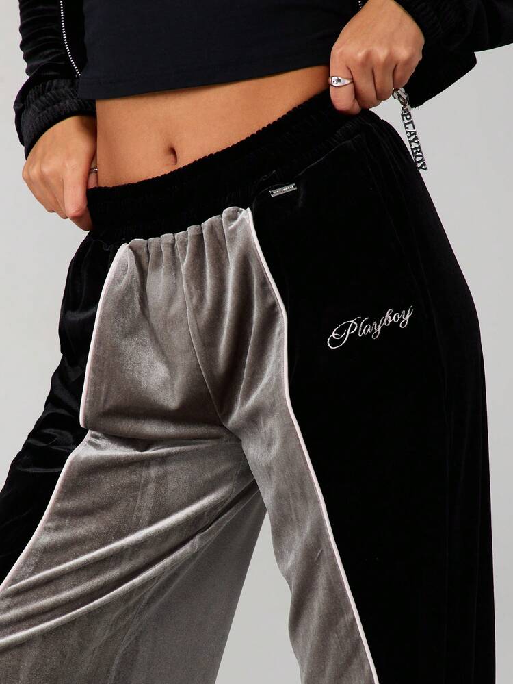 Missguided x Playboy Velour Color Block Wide Leg Sweatpants With Script Embroidery Elastic Waistband Loungewear