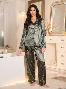 LuxeNights 花卉印花仿丝绸翻领长袖睡衣套装 - 綠色 - 查看 6