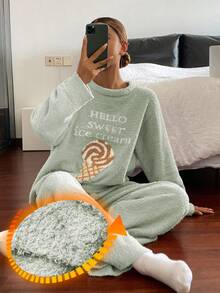 DAZY 2pcs Ice Cream Print Fleece Knit Loose Pajama Set For Women, Autumn/Winter - Mint Green - View 3