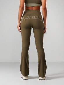 Missguided x Playboy High Waist Wide Leg Yoga Pants With Flared Hem And Back Print Stretch Performance Fitness Leggings For Athleisure - Dark Green - View 2