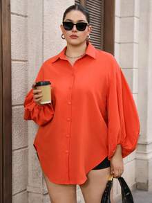 Enliva Chemise à manches longues pour femmes grandes tailles, col à revers, boutonnage simple, ourlet asymétrique, pour un usage quotidien et les déplacements - Orange - Voir 4