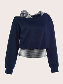 Airaco Women's Casual Striped 2 In 1 Oblique Shoulder Loose Long Sleeve Sweatshirt