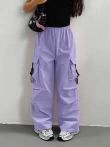 Sparklyn Tween Girls' Elastic Waist Cargo Pocket Pleated Loose Leg Pants - Purple - View 3