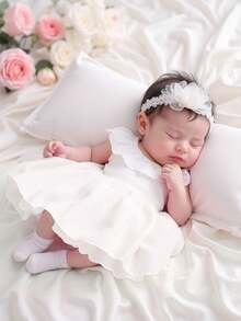 SHEIN 新生女婴蕾丝领无袖轻薄网纱连衣裙，适合百日庆典、全家福、婚礼等场合，春夏皆宜。 - 白色 - 查看 1