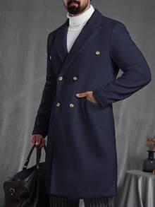 Manfinity CasualCool 男士翻领双排扣休闲羊毛混纺藏蓝色大衣，适合教堂、老钱阶层、日常休闲、周末旅行、户外活动、探险旅行、轻松的工作环境或半正式场合，也是送给男友/丈夫、周年纪念日/生日、派对、圣诞节、新年、婚礼等场合的理想礼物。 - 藏蓝色 - 查看 1