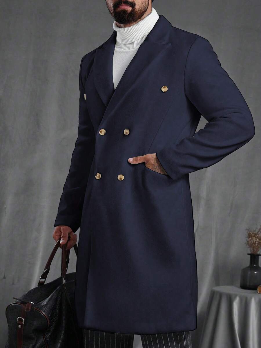 Manfinity CasualCool 男士翻领双排扣休闲羊毛混纺藏蓝色大衣,适合教堂、老钱阶层、日常休闲、周末旅行、户外活动、探险旅行、轻松的工作环境或半正式场合,也是送给男友/丈夫、周年纪念日/生日、派对、圣诞节、新年、婚礼等场合的理想礼物。 - 藏蓝色 - 查看 1