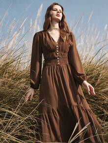 Florisole 女士秋冬波西米亚风优雅雪纺连衣裙，收腰设计，高品质 - 棕色 - 查看 11