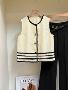 SHEIN Frenchy Áo sơ mi không tay cổ tròn, hàng khuy đơn giản, họa tiết sọc dành cho nữ - Màu be - Xem 6