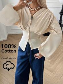 Siren Gaze 100%纯棉纯色修身V领衬衫，女士秋冬新款简约休闲上衣，白色领衬衫，适合办公室通勤，优雅修身。 - 杏色 - 查看 5