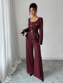 SHEIN Elenzya 秋冬新款加厚斜纹软呢银线两件套，法式浪漫优雅女士设计，分领腰部荷叶边下摆长袖开衫+高腰直筒裤，适合独立日穿着 - 酒紅色 - 查看 5