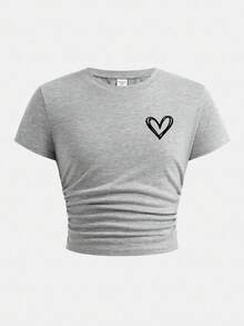 SHEIN 少女爱心印花T恤长裤两件套，休闲日常时尚搭配套装，青少年两件套裤装，女童罗纹套装，女童裤装上衣套装，喇叭裤套装，儿童女童阔腿裤套装 - 灰色 - 查看 6