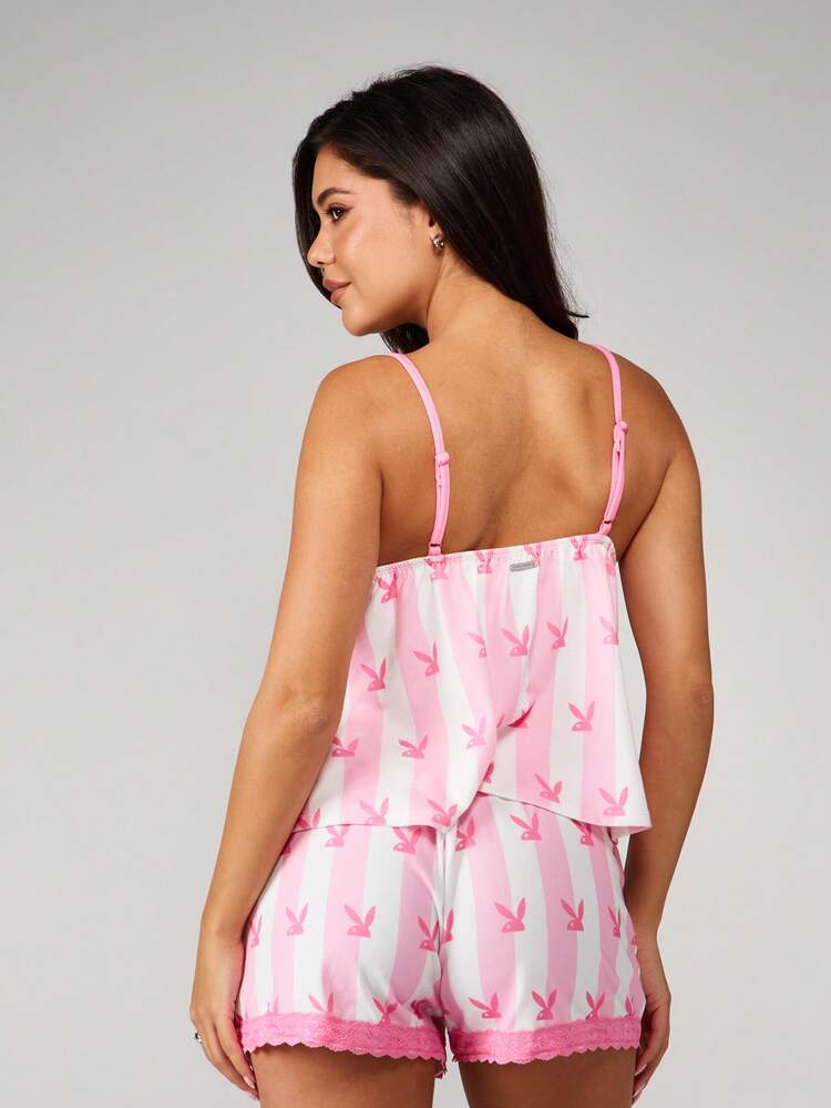 Missguided x Playboy 핑크 버니 프린트 레이스 트림 캐미솔 및 스파게티 스트랩 쇼츠 파자마 세트