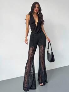 SHEIN PETITE CURVE 情人节加大码女士蕾丝拼接优雅喇叭裤，适合日常生活、通勤、派对、毕业典礼、办公室、约会、春季、外出、情人节、嘉年华、婚礼及其他活动，优雅黑色裤子 - 黑色 - 查看 8