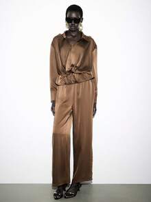 Lumivelle Women's Solid Satin Long Sleeve Drawstring Waist Shirt + Casual Wide Leg Pants 2-Piece Set Brown Satin Brown Set Women - Brown - View 4