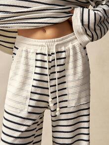 Bohemela Boho Vacation Casual Striped Loose Knit T-Shirt & Wide Leg Pants 2 Pieces Set For Women - Black and White - View 4