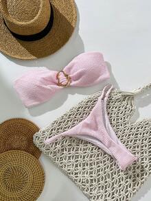 Swim Chiccia 春假女士沙滩装夏季套装，女士纯色提花面料无肩带金属装饰性感比基尼套装 - 粉色 - 查看 3