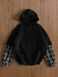 Manfinity Hypemode Men's Casual Loose Plaid Contrast Sleeve Drop Shoulder Drawstring Hoodie, Long Sleeve, Going Out,Graphic, Color Block, For Fall - Black - View 3