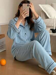 女童睡衣，莲藕粉色，新款简约时尚爱心刺绣长袖长裤两件套睡衣套装 - 淺藍色 - 查看 5