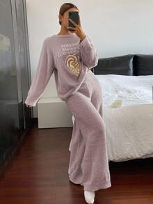 DAZY 女士两件套冰淇淋印花抓绒针织宽松睡衣套装，秋冬季 - 淡紫色 - 查看 6