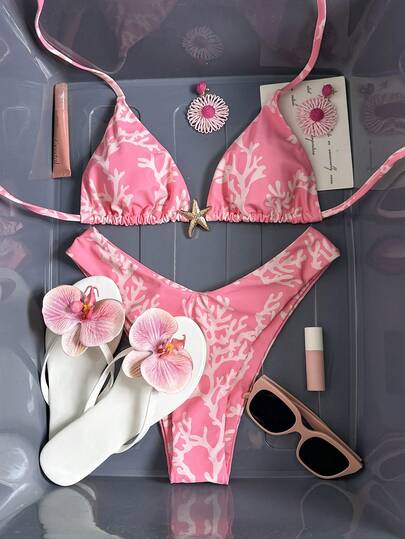 Swim Mod Conjunto de bikini con estampado aleatorio, decoración metálica y cuello halter para mujer, primavera/verano