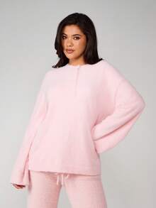 MISSGUIDED Relaxed Oversized Fuzzy Henley Knit Top With Button Front Long Sleeve Cozy Winter Sweater For Casual Daily Wear - Pink - View 1