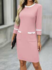 EMERY ROSE Women's Elegant Commuter Color Block Trim Fitted Mid-Length Dress   Valentine Outfits For Women - Pink - View 4