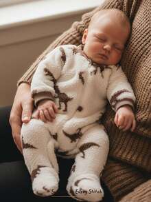 Cozy Pixies 新生女婴卡通恐龙印花保暖内衬圆领长袖连体衣 - 杏色 - 查看 1