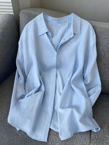 Franclia Áo sơ mi dài tay cài cúc màu trơn dành cho nữ, kiểu dáng thường ngày. - Màu xanh lam - Xem 3