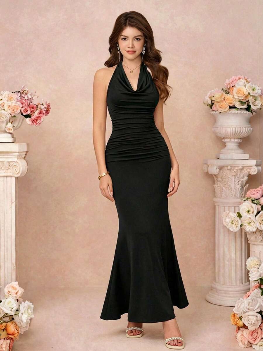 Pitira Teen Girls' Black Draped Neck Backless Snug Fit Mermaid Dress, Party Wear - Black - View 1