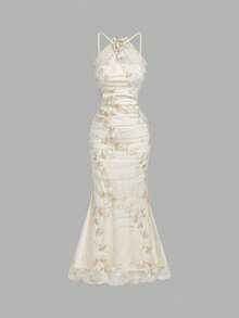 SHEIN MOD 优雅褶裥胸部修身鱼尾刺绣连衣裙（女款） - 杏色 - 查看 1