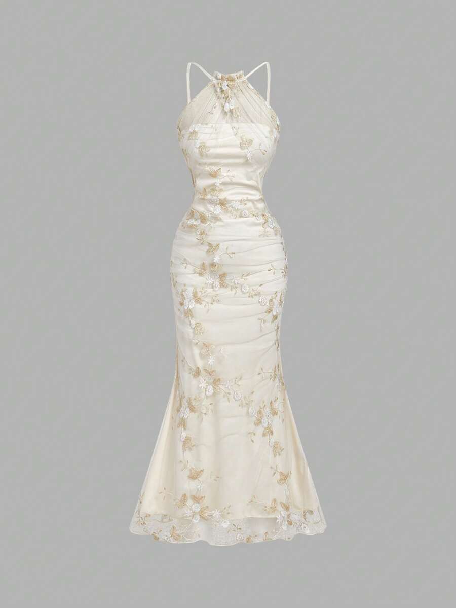 SHEIN MOD 优雅褶裥胸部修身鱼尾刺绣连衣裙（女款） - 杏色 - 查看 1