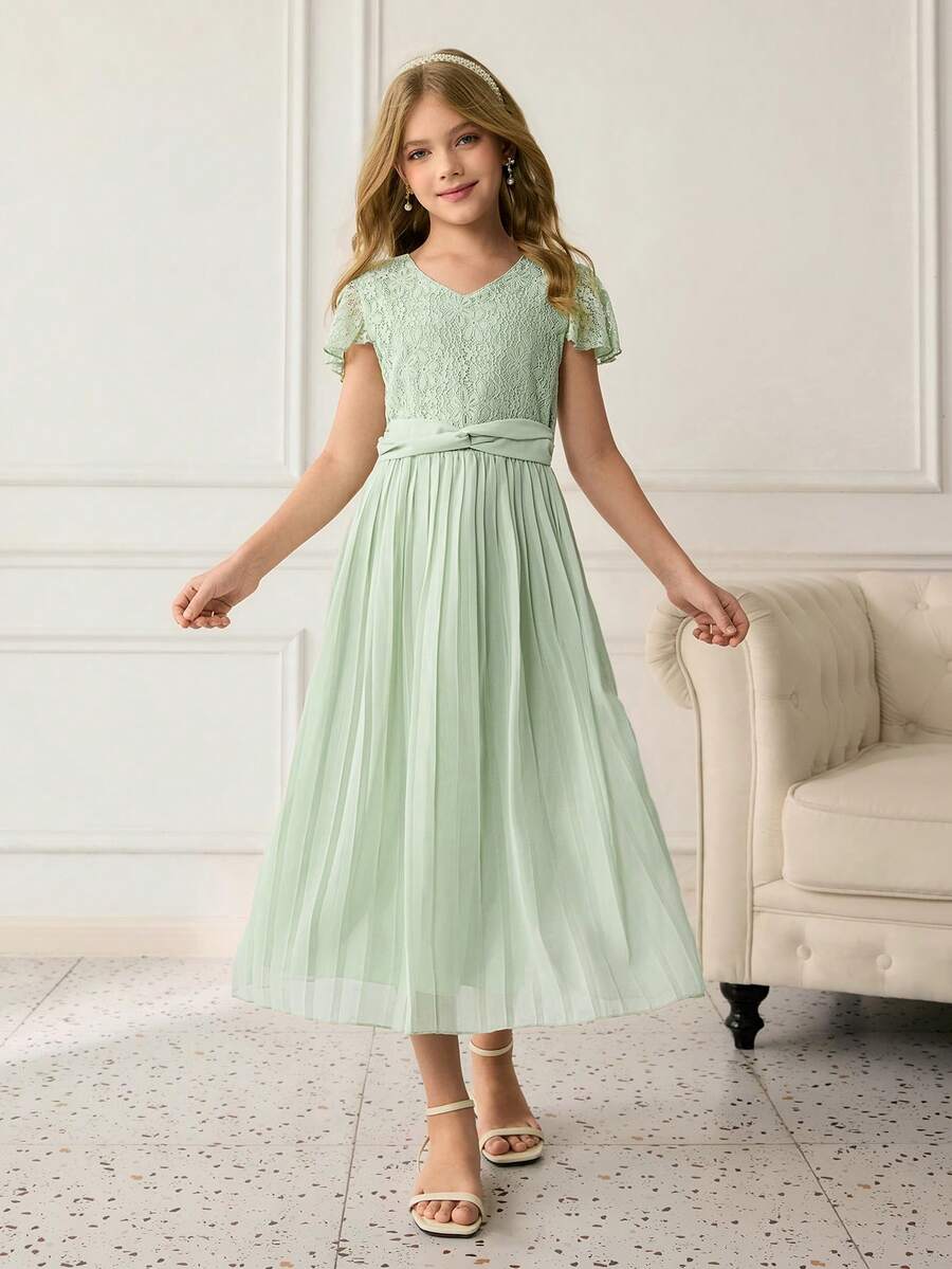 少女优雅蕾丝短袖V领褶皱腰身连衣裙,浅绿色,奢华优雅 - 綠色 - 查看 1