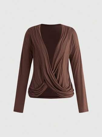 Hippie Tee-shirt femme à manches longues avec décolleté drapé profond et froncé