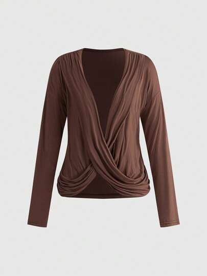 Hippie Sexy Deep Draped Neck Ruched Long Sleeve Women T-Shirt