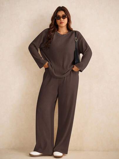 Elaquor Plus Size Women Solid Color Round Neck Drop Shoulder Long Sleeve T-Shirt And Pants Casual 2-Piece Set For Spring, Spring Outfits For Women