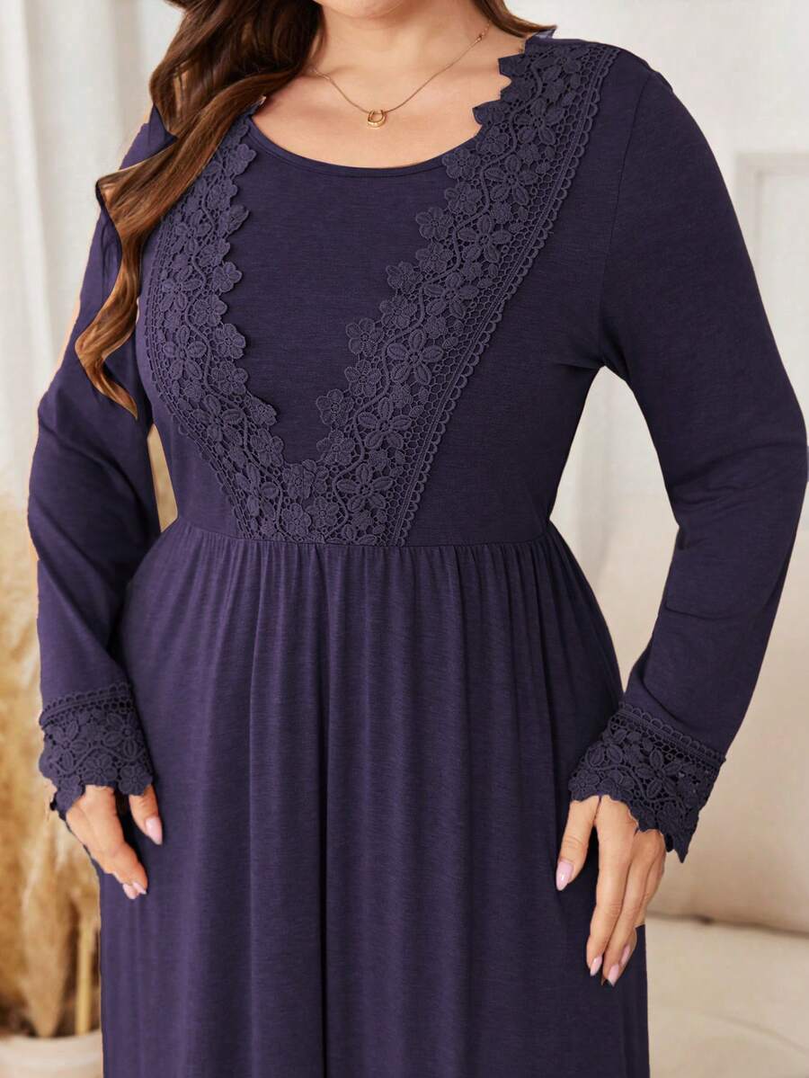 Lacomfia Vestido de manga larga de unicolor con parches de encaje para tallas grandes