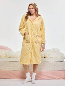 Bonmuse 1pc Solid Color Wool Jacquard Casual Robe, Autumn/Winter Warm Thermal Lined Long Sleeve Flannel Hooded Loose Fluffy Bathrobe With Pockets, Women Sleepwear Loungewear, Fall, Cozyfor Summer - Mustard Yellow - View 5