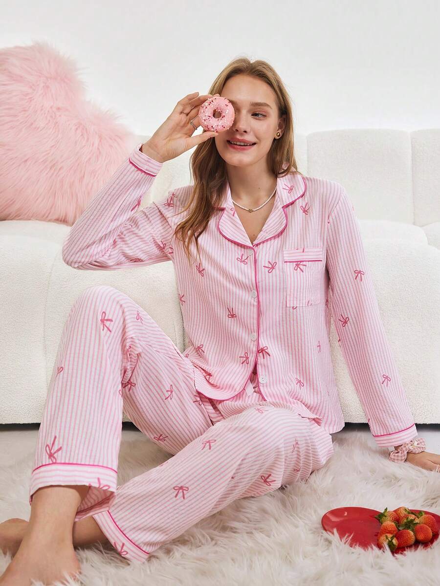 Bonmuse 2pcs/Set Women Striped Bow Print Long Sleeve Pajama Set, Collared Top And Bowknot Pants, Autumn/Winter, Fall Clothes - Pink - View 1