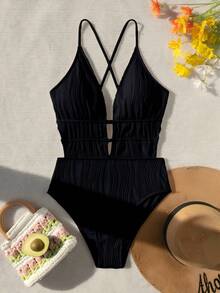 Swim Vcay Summer Beach Solid Color Deep V-Neck Backless Sexy One-Piece Swimsuit - Black - View 6