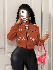 BamGleam Áo khoác dài tay thời trang đa năng có khóa kéo phía trước in số dành cho nữ - Màu Cam cháy - Xem 5