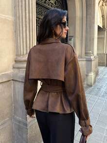 Firerie 女士优雅复古绒面革翻领长袖纯色棕色双排扣风衣，宽松版型，优雅大方，适合通勤穿着，女士外套，适合通勤，棕色/商务休闲/复古风/女士圣诞/冬季/知性优雅冬装/绒面外套/秋冬 - 咖啡棕 - 查看 9