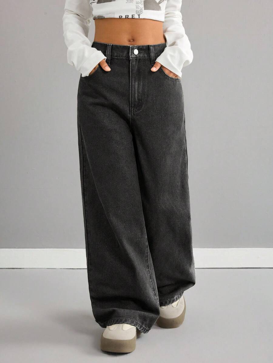 SHEIN Jeans holgados con bolsillos para niñas preadolescentes - Negro - Ver 1