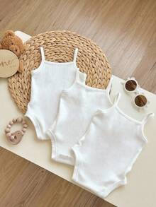 SHEIN Everyday Casual Baby Girls White Plain Cami Bodysuit Soft Fabric Sleeveless,Kids - White - View 2