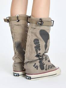 ROMWE Grunge Punk 秋冬女士圆头厚底平底短靴，春秋季休闲帆布短靴，女靴 - 灰色 - 查看 7