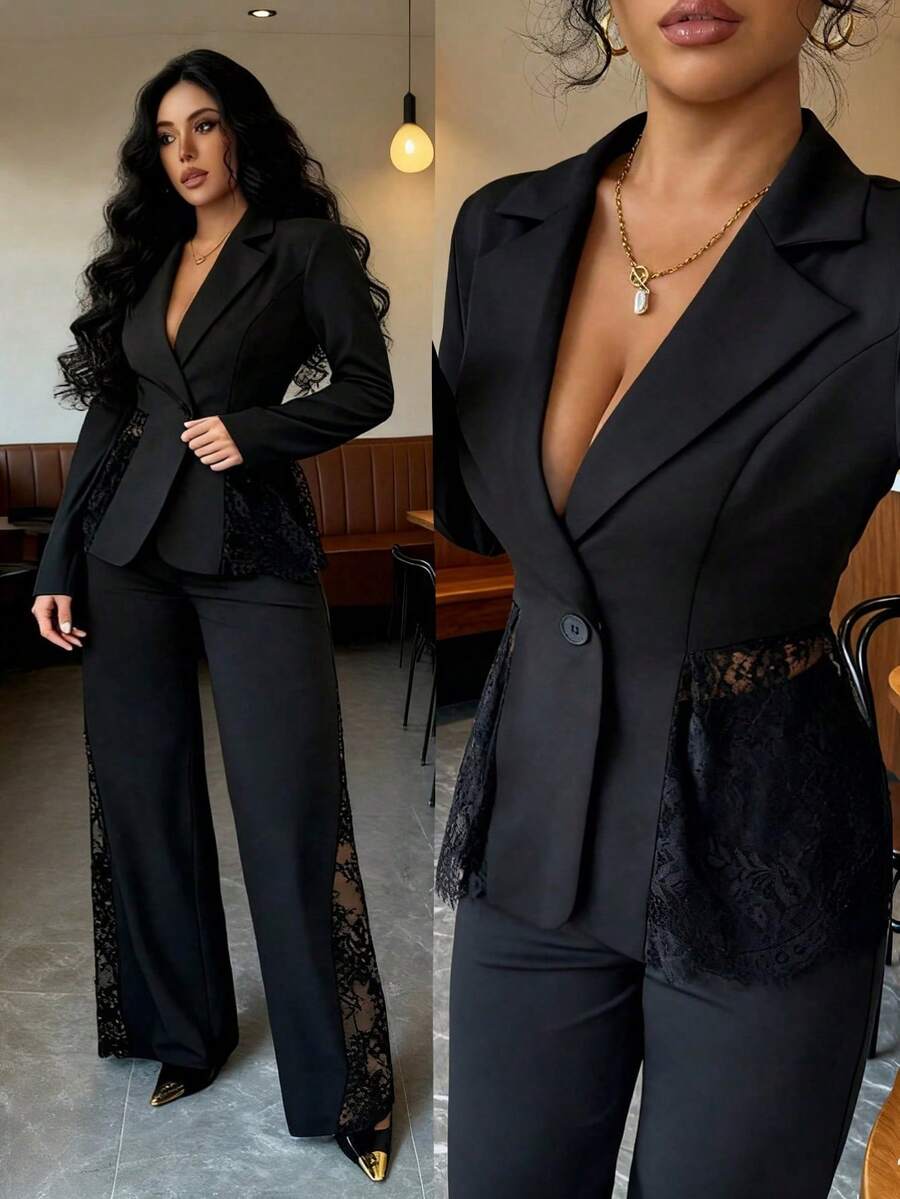Elenzga Completo elegante da donna composto da blazer monopetto con inserti in pizzo e pantaloni, stile casual, adatto per l'ufficio e il tempo libero, in stile francese vintage, 2 pezzi, autunno/inverno - nero - Visualizzare 1